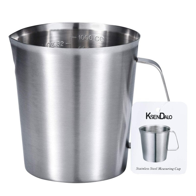 KSENDALO 32Oz/4Cup Stainless Steel Pitcher (SUS304), 1 Liter Metal Container for Water, Milk, Liquid with Handle with Engraved Markings, Silver
