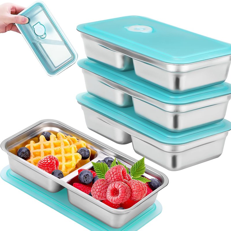 WandaQueen 4 Pack Stainless Steel Snack Containers Reusable with Lid, Grab and Go 2 Compartment Snack Food Storage Containers for School Travel and Outdoor Camping Dishwasher Safe