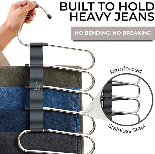 MORALVE Space-Saving Pants Hangers - Non-Slip Multi-Layer Design - 4 Pack for Closet Storage (Black)