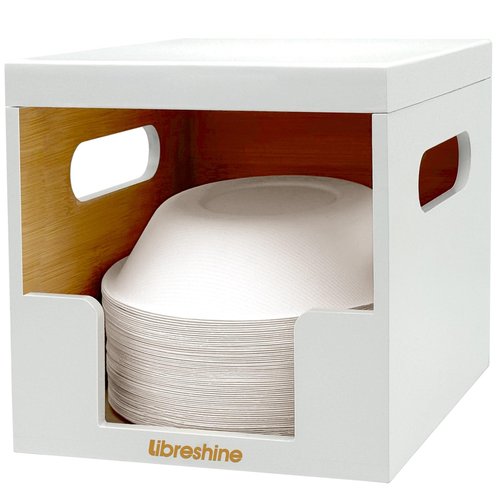 Libreshine Paper Bowl Dispenser Holder – White Bamboo Disposable Bowl Organizer for 8–32 oz, Holds 90+ Bowls – Clean & Space-Saving Countertop or Cabinet Storage, Upgraded Lid