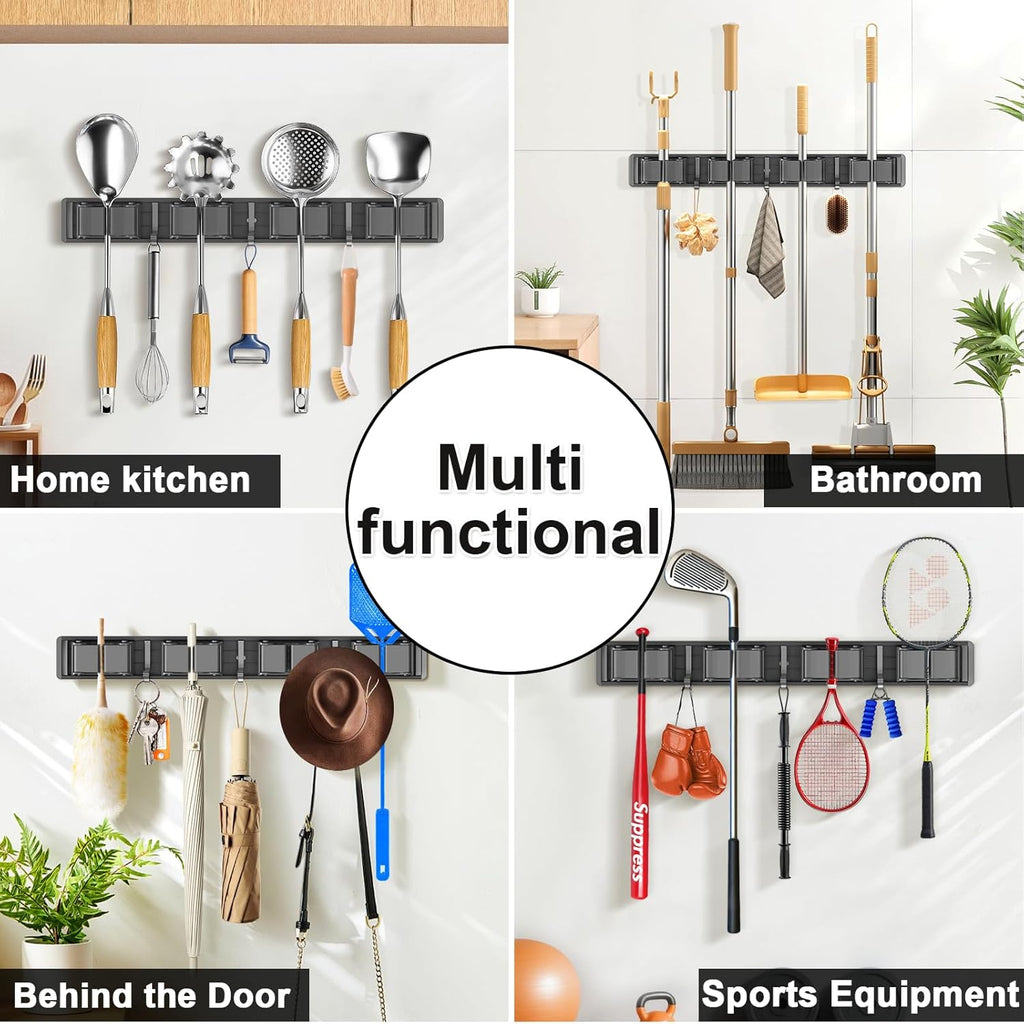 Organize with Skiennix Broom Holder Wall Mount - 4 Racks & 3 Hooks for Kitchen, Garden, Laundry | Grey