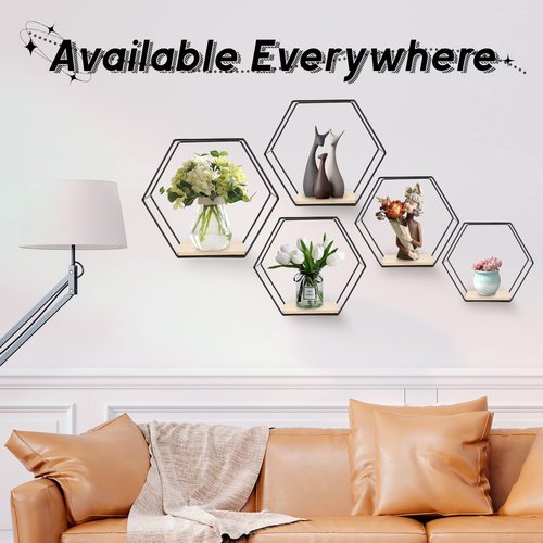 F FINEC Wall Mounted Hexagonal Floating Shelves Black Set of 5 in Different Sizes, Modern Metal Shelf, Simple Wood Partition Storage Shelves, Decor Rack for Bedroom, Living Room, Kitchen and Office