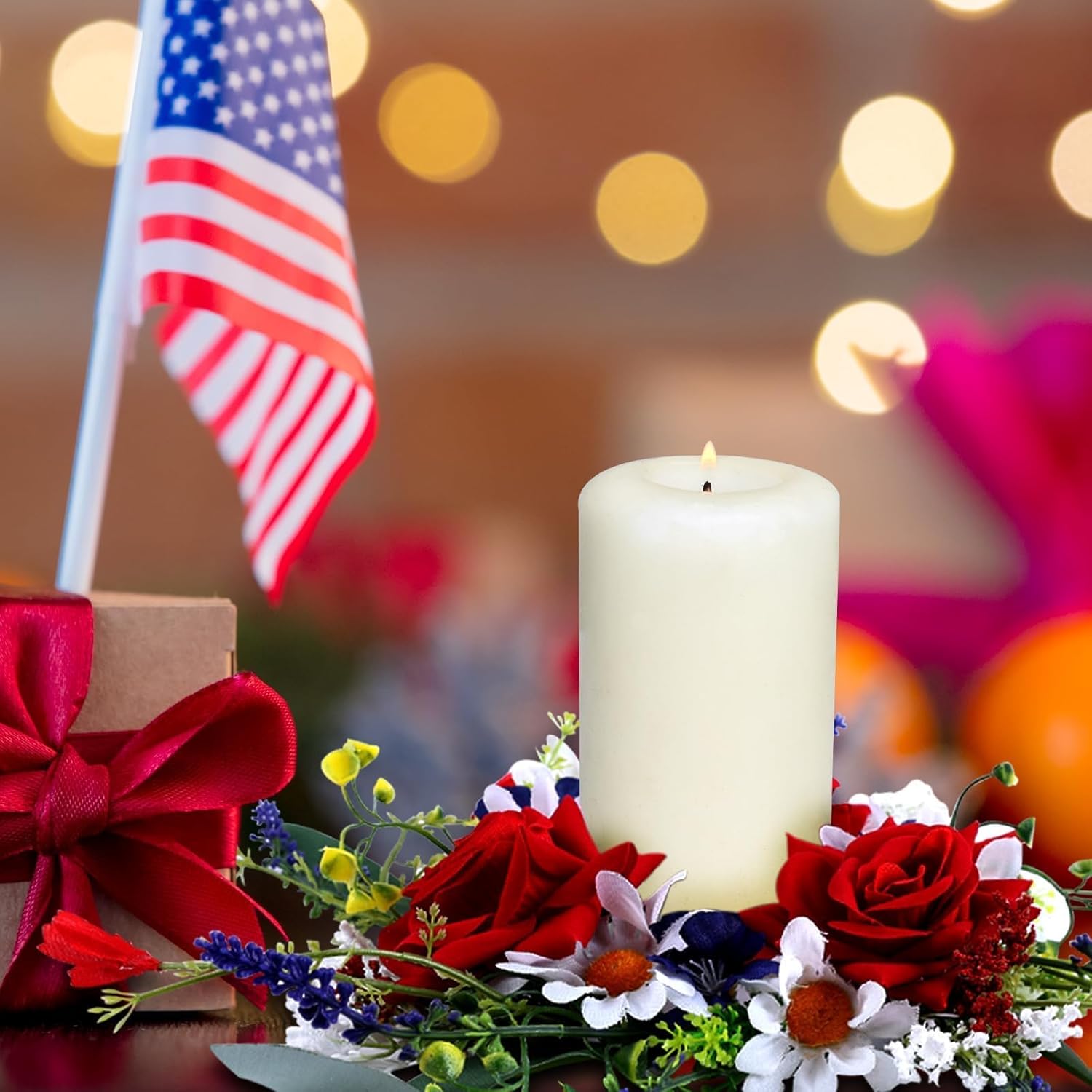 Veterans Day Candle Rings - 4 Pcs Red, White & Blue Mini Floral Wreaths for Patriotic Decor | 3 Inch