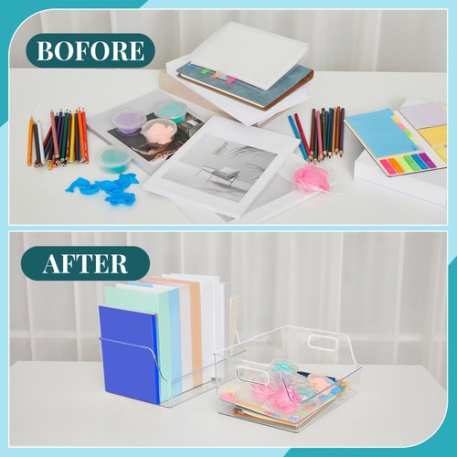 Menkxi 4 Pcs Clear Large Storage Book Display Case 13 x 8.5 x 5.9 Inch Book Organizer Stackable Bookcase Display Storage Containers with Handle Office Bookshelf Organizer Rack for CDs Magazine