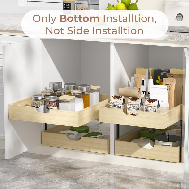 COOLBEBE Pull Out Drawer Organizer for Cabinets, 2 Tier Soft Close Cabinet Drawers Slide Out, 2 Layer Wood Double Tier Pull Out Shelves for Kitchen, Pantry, Bathroom