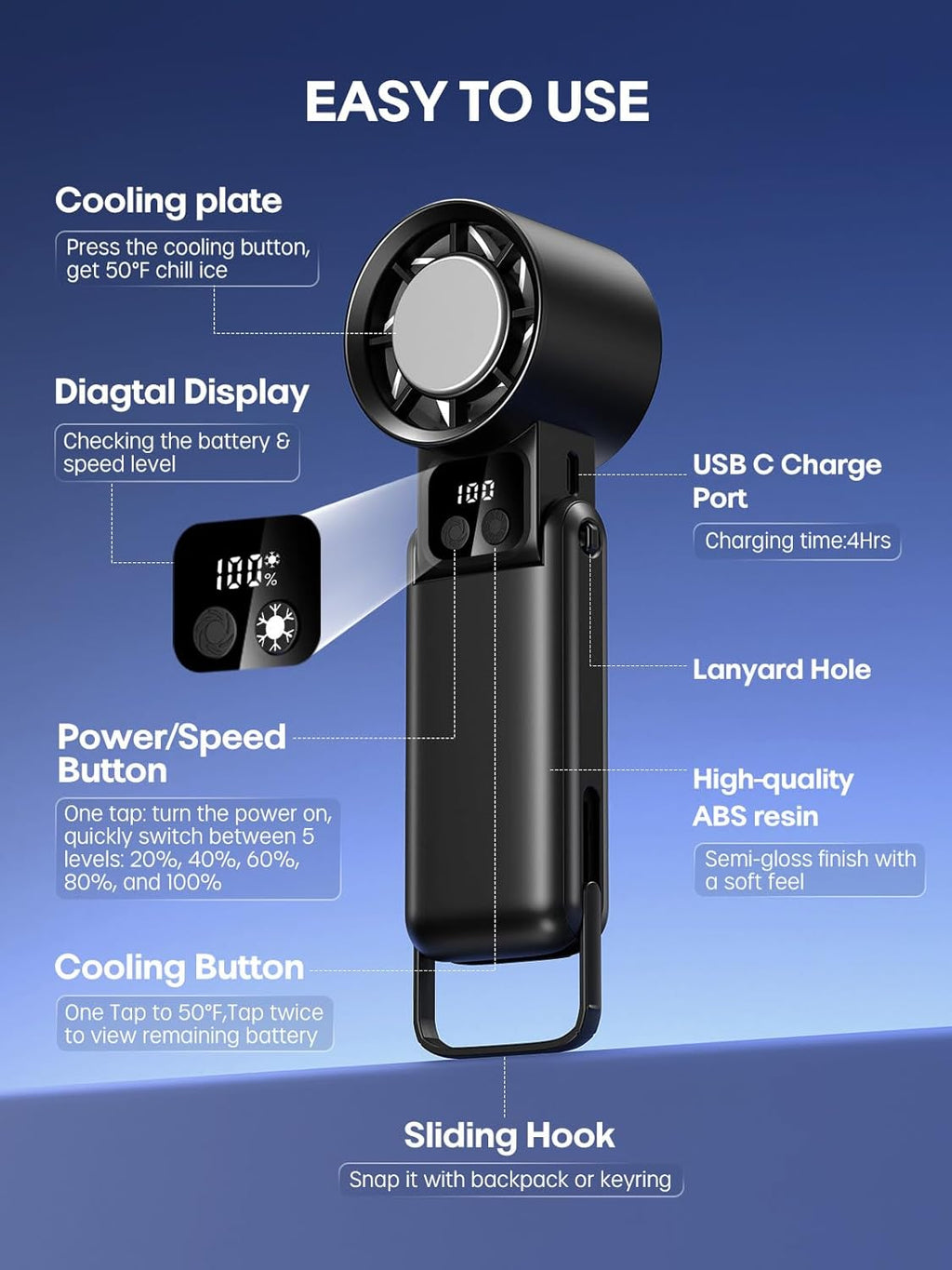 Skiennix Portable Handheld Fan - 3-in-1 Ice Cooler with 5 Speed Settings & Digital Display | Rechargeable Travel Fan