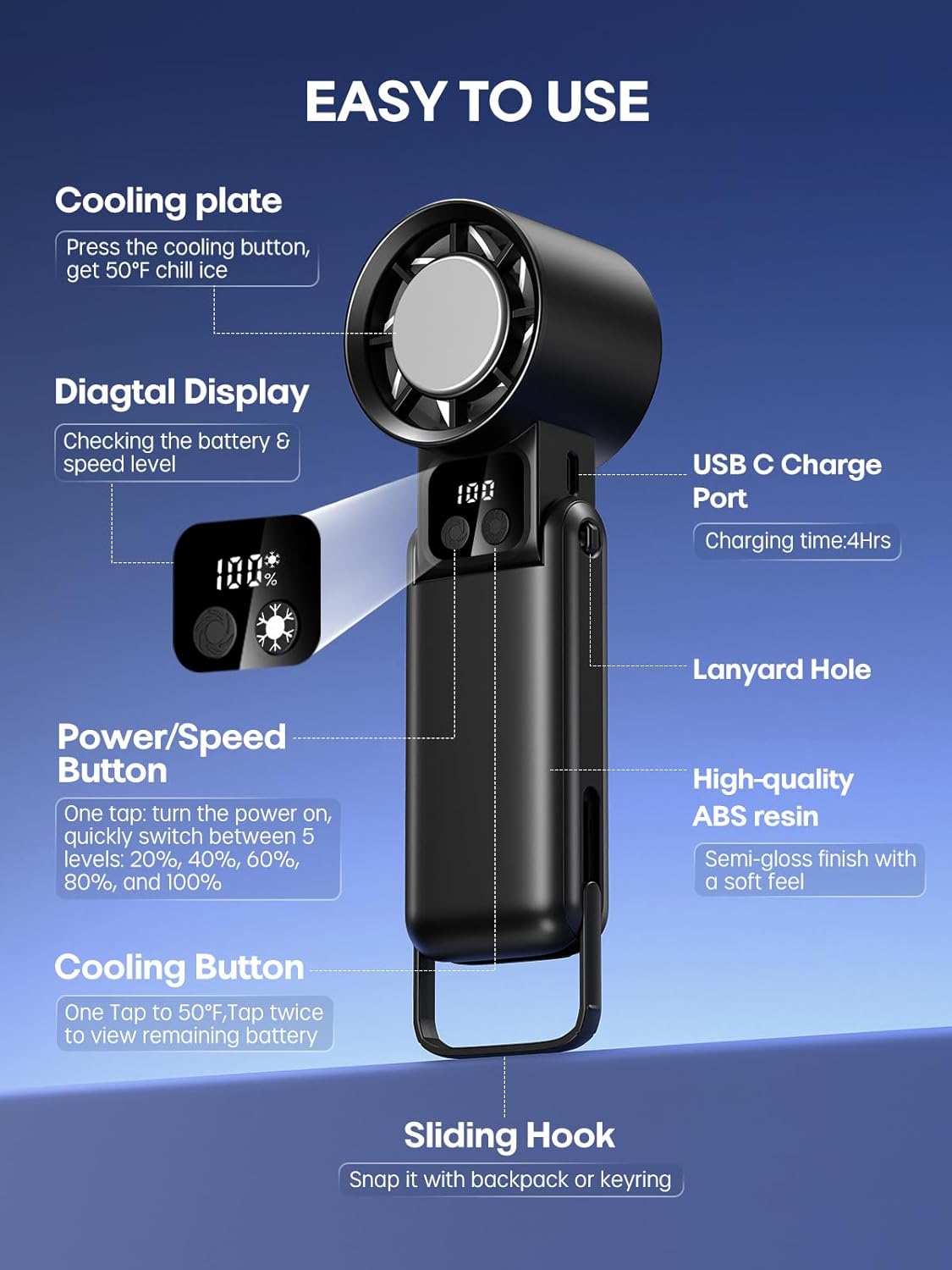 Skiennix Portable Handheld Fan - 3-in-1 Ice Cooler with 5 Speed Settings & Digital Display | Rechargeable Travel Fan