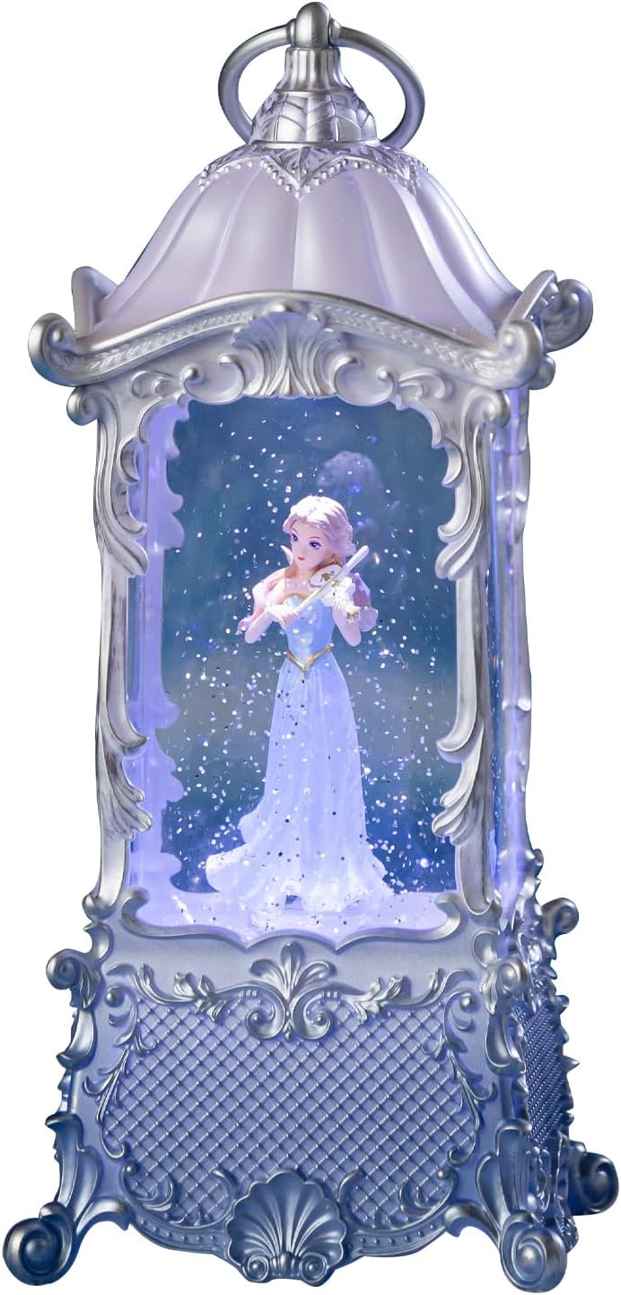 Snow Globe Lantern - Violin Girl Music Box with LED Light | Shatterproof, 8 Songs, USB/Battery Powered, Silver