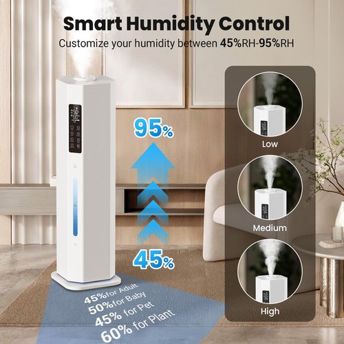 GloryAir Humidifier - 2.38Gal/9L Top Fill Cool Mist for Large Rooms | 120H Run Time, Auto Mode & 7-Color Light