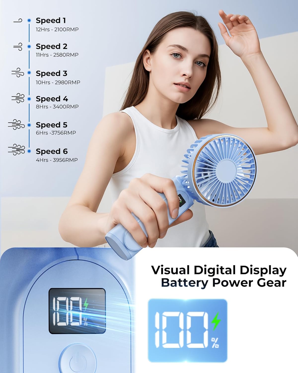 TUNISE Portable Handheld Fan - Rechargeable 4000mAh Battery | 180° Adjustable, 6 Speed, USB Foldable Design