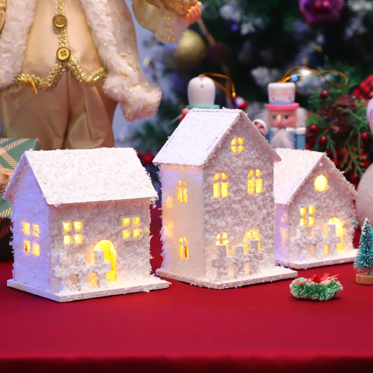 TOYANDONA LED Lighted Christmas Village Houses - 3-Piece Wooden Tabletop Decor Set