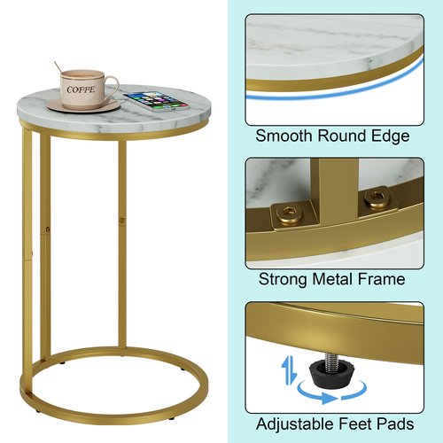 Function Home C Table End Table, Marble C Shaped Sofa Side Table, Couch Tables That Slide Under, Snack Accent Table for Living Room Bedroom Small Space, Marble Top and Gold Metal Frame