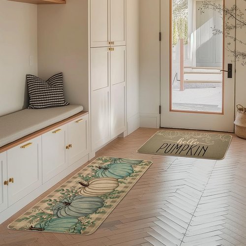 Hello Pumpkin Fall Kitchen Rugs Set of 2, Thanksgiving Farmhouse Style Kitchen Decoration Mats Cushioned Anti Fatigue Non-Slip Washable Floor Mat 17x29 and 17x47 Inch DM170