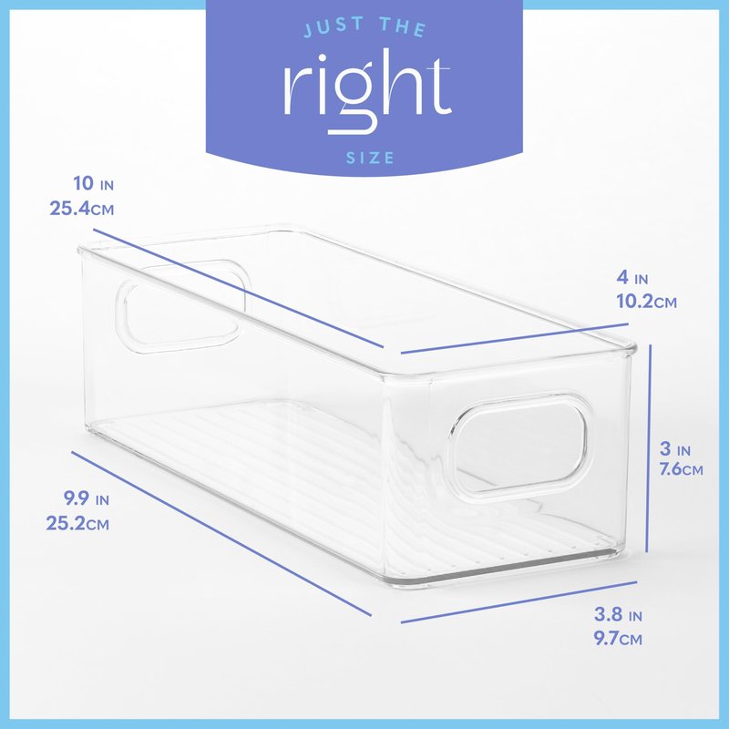 Plastic Food Storage 2 Pack Clear Container Bin with Handles for Organizing Kitchen, Pantry, Refrigerator, Freezer, Pantry, Cabinet, Closet, Bathroom. 14”X4”x4”