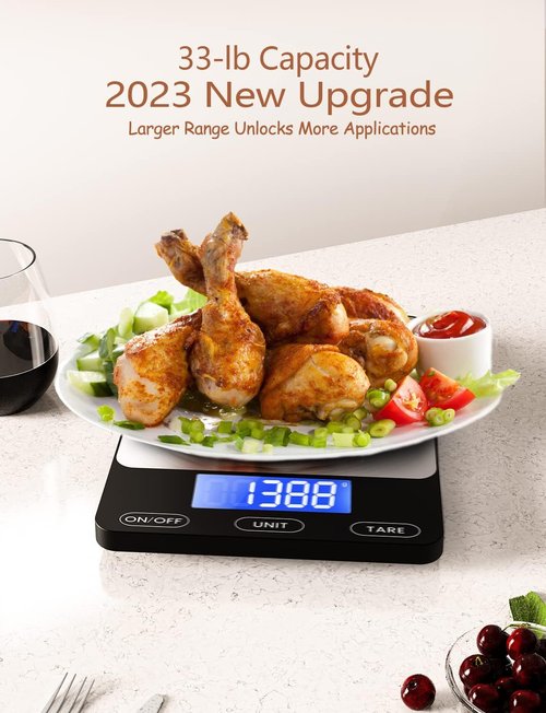 Food Scale - Skiennix 33lb Digital Kitchen Scale | Rechargeable 304 Stainless Steel for Accurate Meal Prep, Cooking & Baking - Black