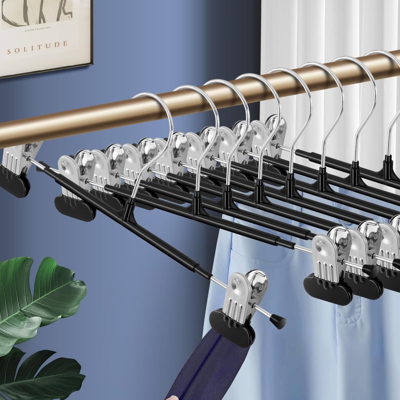 HWAJAN Clothes Pants Hangers with Wide Clips 50 Pack,Non-Slip Adjustable Skirt Hanger for Women,Space-Saving Heavy Duty Men Hangers for Pants,Trousers,Jeans,Shorts 12Inch Black