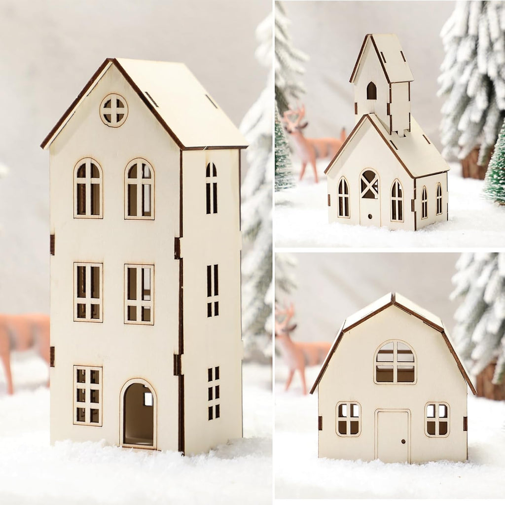 Wonderjune DIY Christmas Village Set - 3 Large 8-Inch Wooden Houses for Holiday Crafts & Decorations