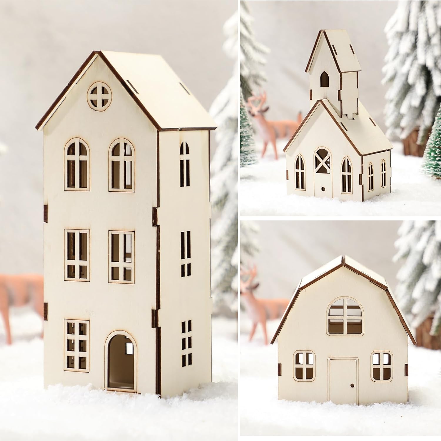 Wonderjune DIY Christmas Village Set - 3 Large 8-Inch Wooden Houses for Holiday Crafts & Decorations