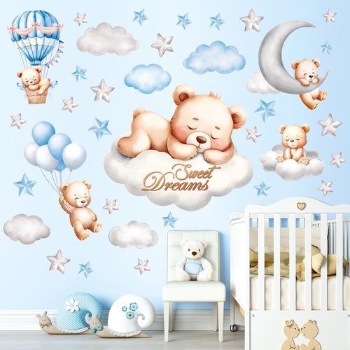 DECOWALL SG2-2407 Sweet Dream Bear Wall Stickers Decals Baby Room Décor Nursery Boy Wallpaper Decorations Home Blue Moon Stars Teddy Peel and Stick Bedroom Playroom Sleeping Cloud