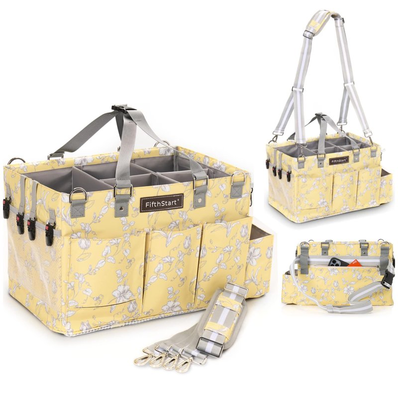 FifthStart Multipurpose Cleaning Caddy with Waist & Shoulder Strap - Diaper Caddy with 9 Pockets, Mesh Base & Adjustable Compartments - Cleaning Supplies Organizer (Yellow Floral, Small)