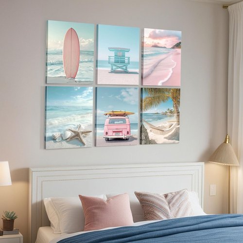 Pink Beach Scene Wall Art Surfboard 6 Piece Beachy Coastal Scene Prints, Tropical Relaxing Days Summer Print Canvas Artworks For Bedroom Girls Room Décor - Ready to Hang - Framed, Set of 6, 8x10Inch