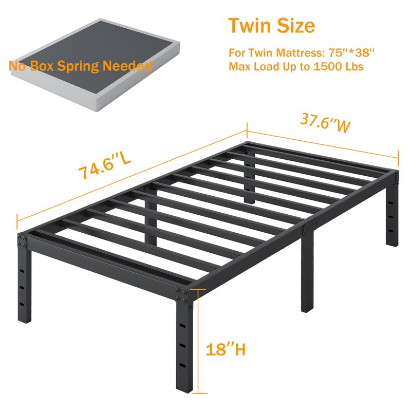 SHLAND Bed Frame Twin, 18 Inch Metal Twin Platform Bed Frame No Box Spring Needed, Mattress Foundation, Storage Space, No Noise, Easy Assembly