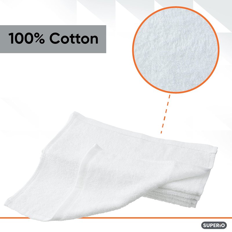 Superio Terry Cloth Rags White Washcloths 100% Cotton 12" Cleaning Cloths, Kitchen Towels, Facial Washcloth, Spa Cloths, Hand Towel, Small Lint Free Rags for Multi-Purposes (36 Pack)