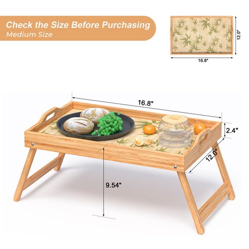 2 Pack Bamboo Bed Tray Table, Breakfast Tray w/Removable Bamboo Curtain & Folding Legs & Handles, Bed Trays for Eating & Reading…