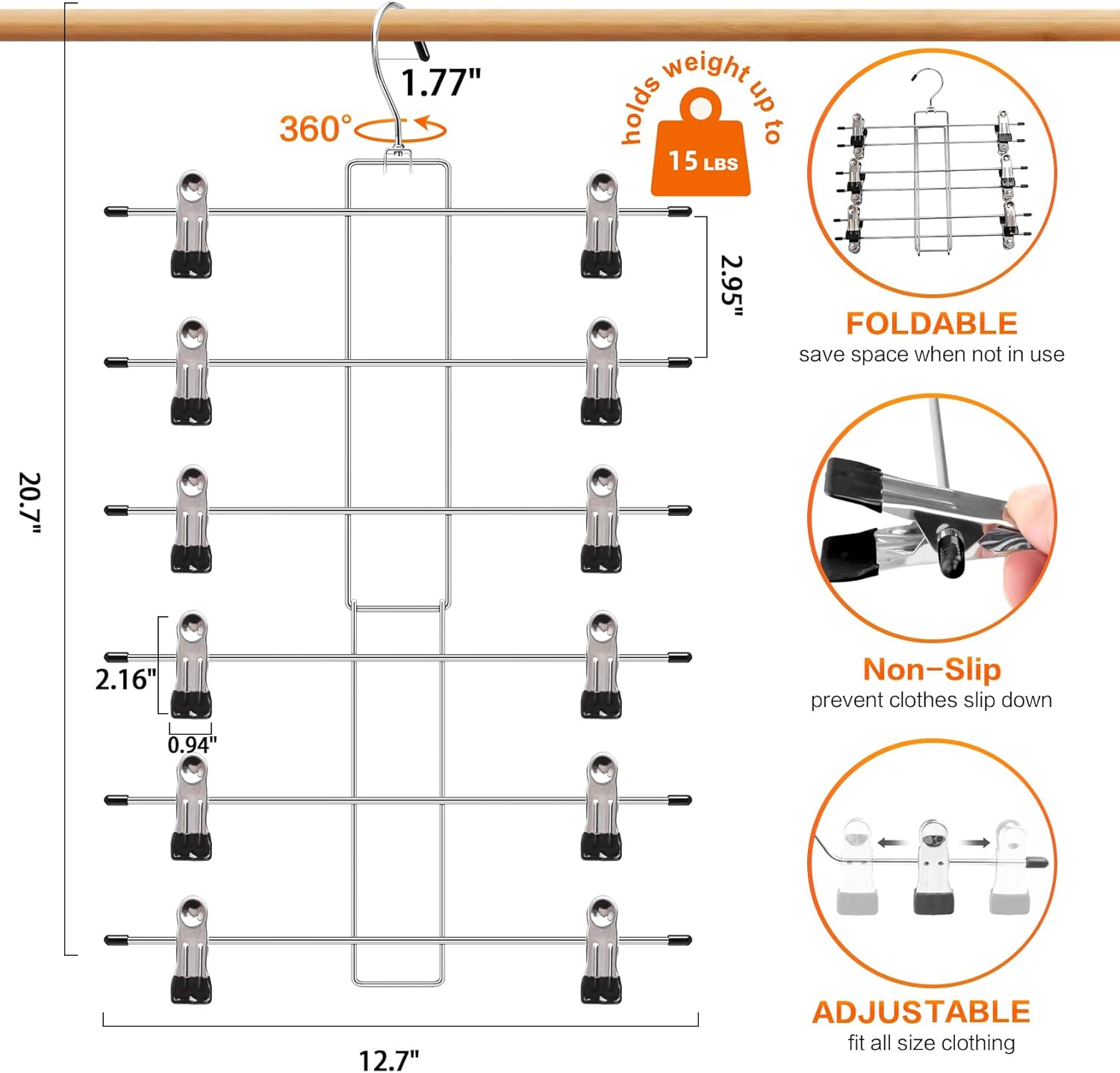Skiennix 3-Pack Pants Hangers - Space-Saving 6-Tier Closet Organizers with Clips for Clothes Storage | Essential College Dorm Decor