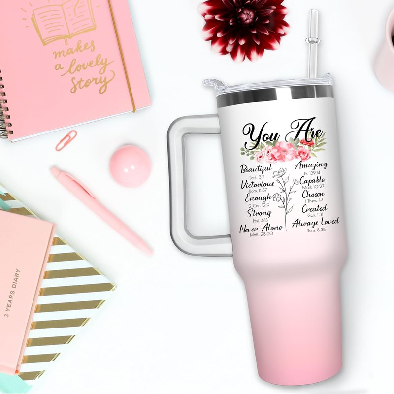 Christian Tumbler with Handle and Straw, 40 oz Vacuum Insulated Water Bottle Stainless Steel, Leak Proof Travel Mug, Inspirational Religious Belief Gifts for Her Women Girl Christmas Mothers Day