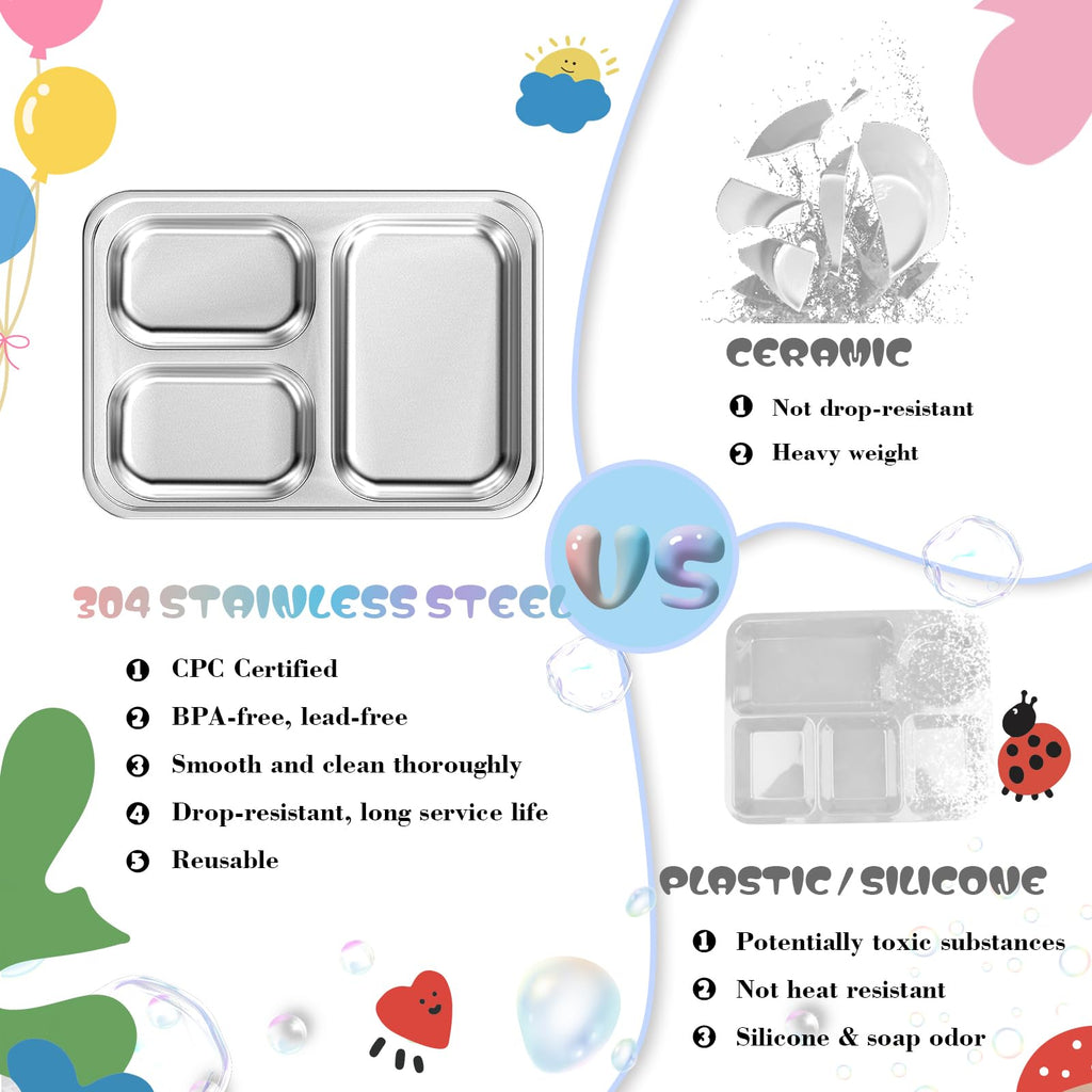 Bakpoco Stainless Steel Divided Plate for Kids Toddler, Non Toxic Portion Control Plate Dinner Plate with Lid for Adults Weight Loss, 4 Pack 3 Sections Rectangular Snack Plate Tray