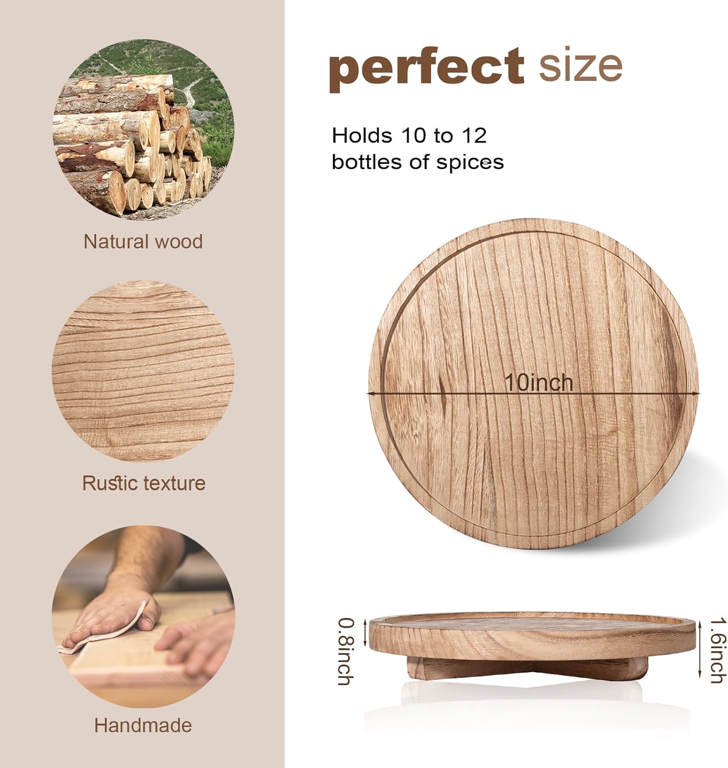 Regine Switzerland Round Wooden Decorative Tray - Farmhouse Bathroom Organizer for Soap, Perfume, Candle | 10" - Brown