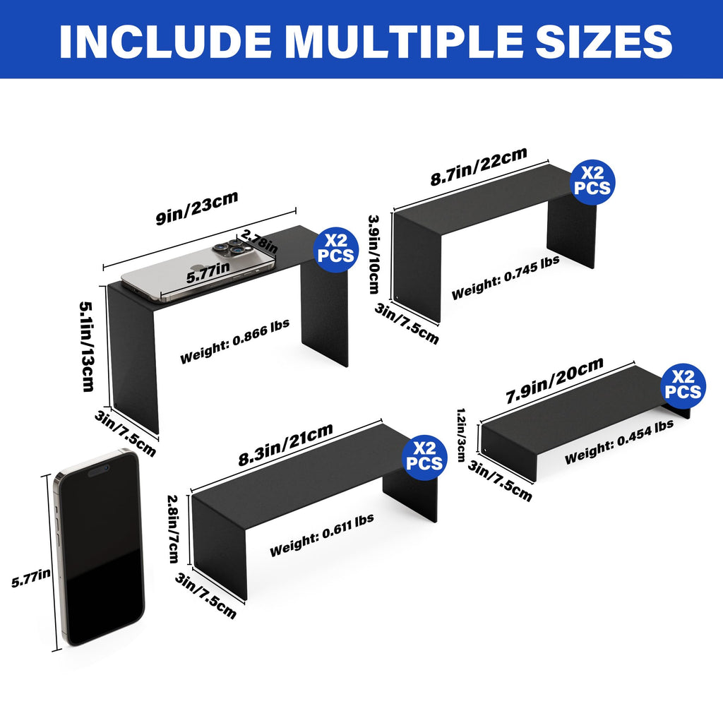 NEETBU Black Matte Metal Display Stand,8 Pcs 2 Set Display Risers, Metal Rectangular Display Shelf for Showcase, Dessert, Toys, Perfume (8Pcs-Black, L7“x8”x9)