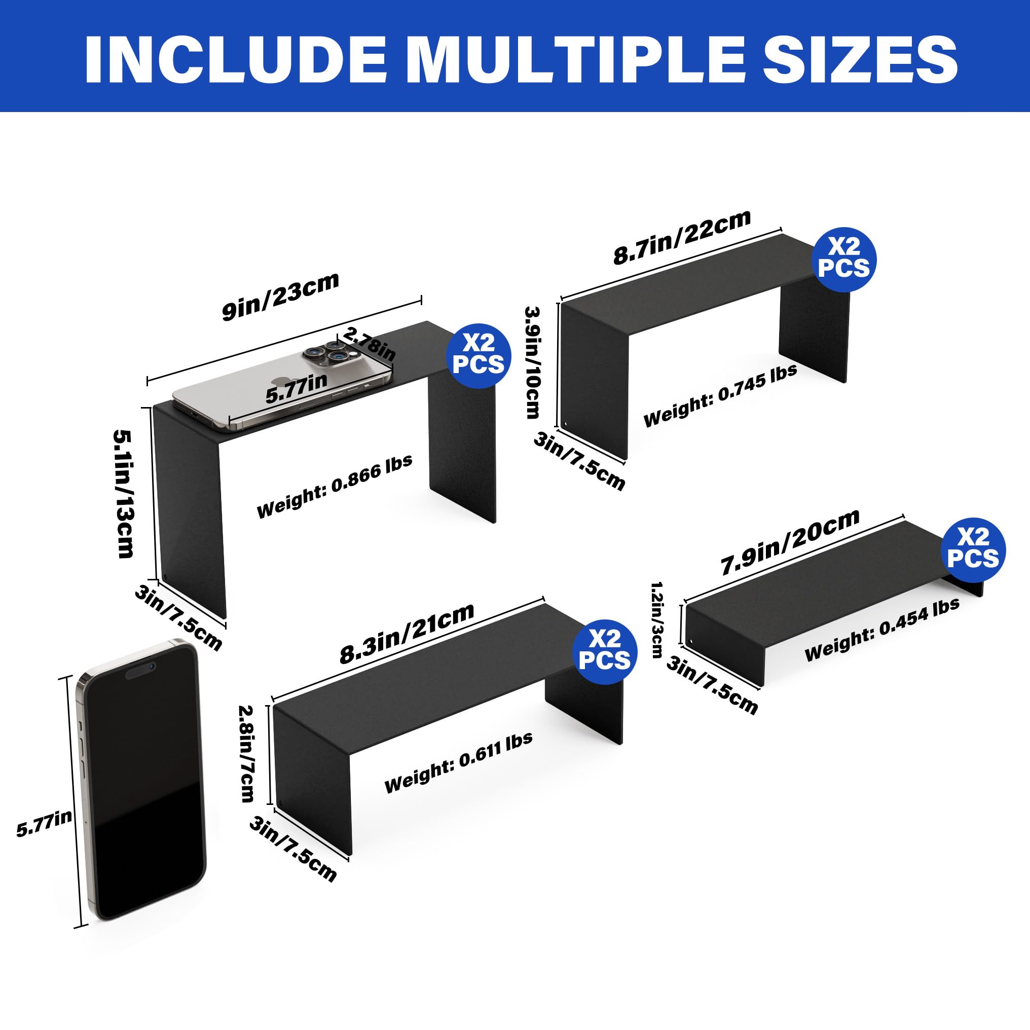 NEETBU Black Matte Metal Display Stand,8 Pcs 2 Set Display Risers, Metal Rectangular Display Shelf for Showcase, Dessert, Toys, Perfume (8Pcs-Black, L7“x8”x9)