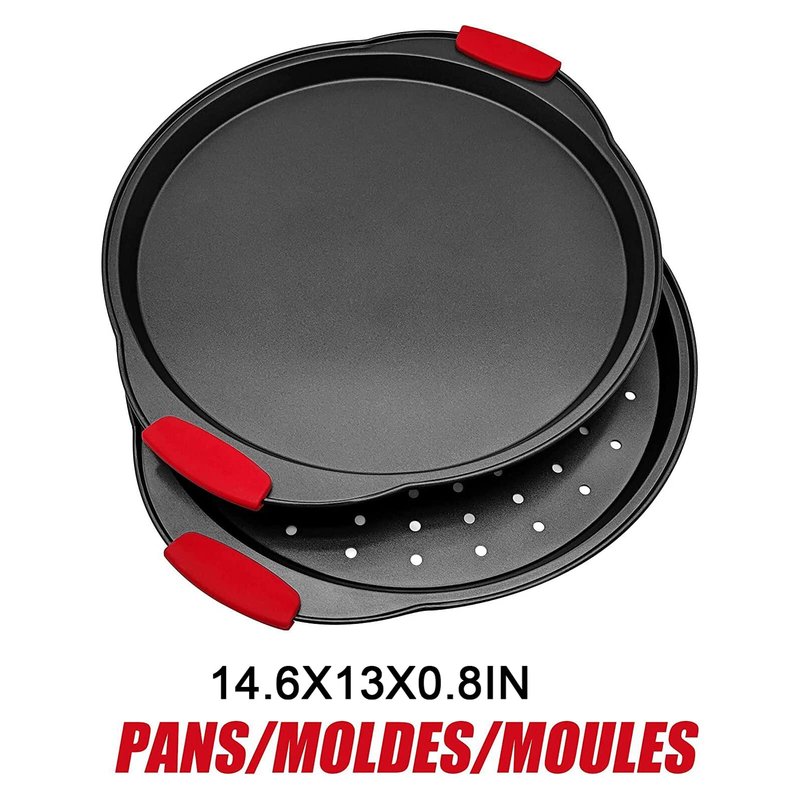 NBFTLTOP Pizza Pan 12 Inch for Oven, Pizza Steel Pan with Heat-insulating Silicone Handle, Nonstick Pizza Tray with Holes and No Holes Set, Round Pizza Baking Pan 2pcs, Gray