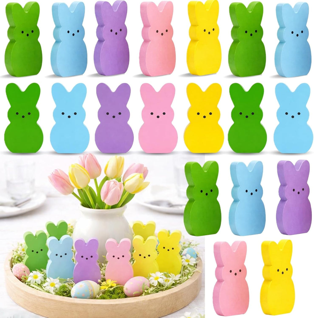 Wooden Easter Decor - 30 Pcs Mini Bunny Set | Freestanding Tiered Tray & Basket Fillers
