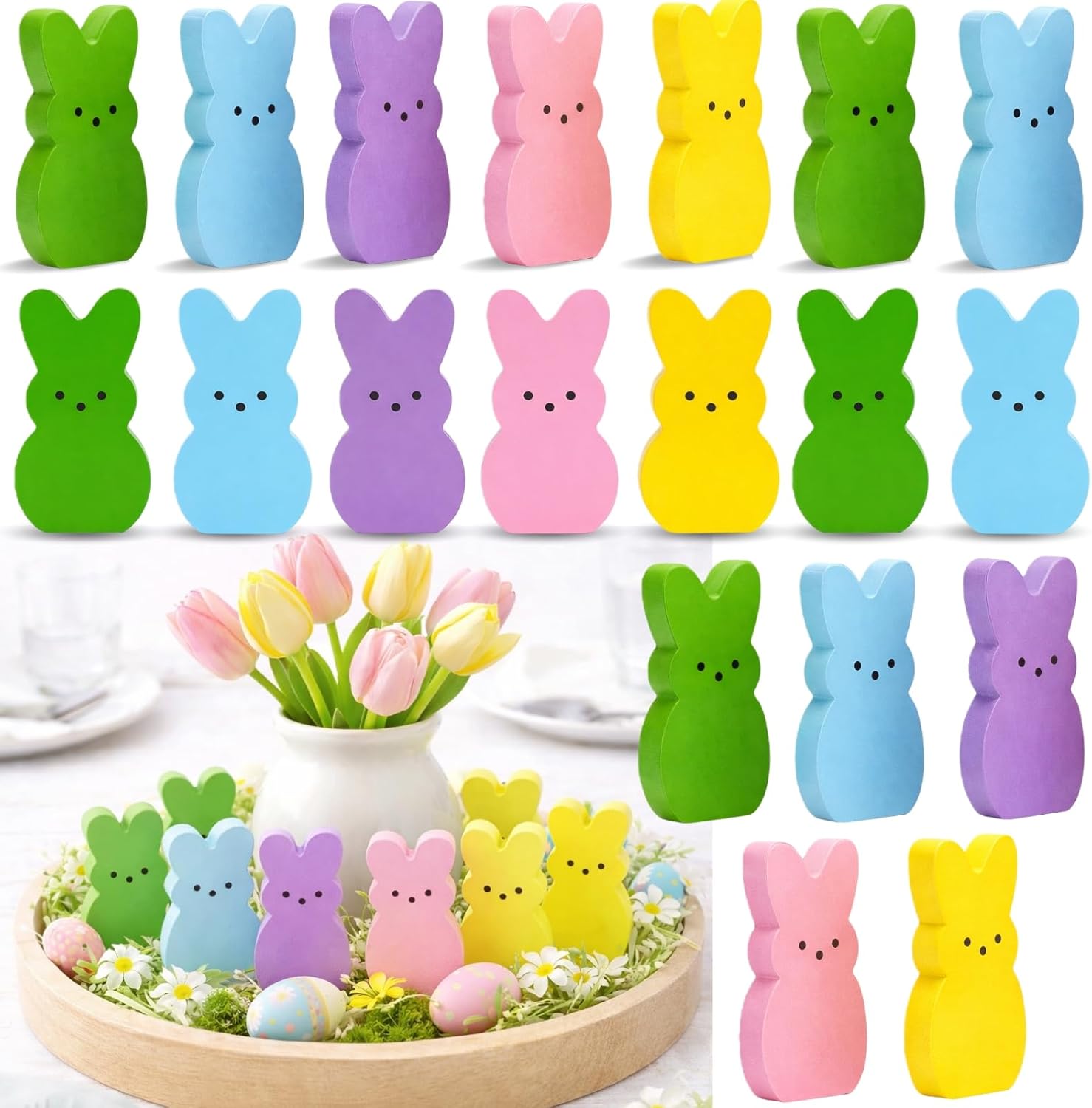 Wooden Easter Decor - 30 Pcs Mini Bunny Set | Freestanding Tiered Tray & Basket Fillers