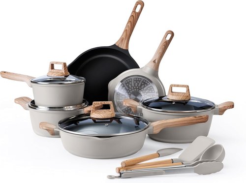 Country Kitchen Nonstick Pots and Pans Set - 14-Piece Cast Aluminum Cookware Set in Grey with Utensils