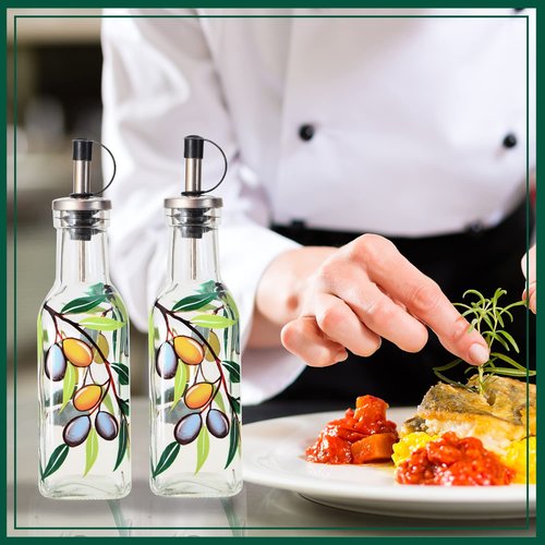 YIYUKODO 7oz Hand Painted Glass Olive Oil Bottle Dispenser - 200ml Green Oil & Vinegar Cruet with Pourers - Olive Oil Carafe Decanter for Kitchen