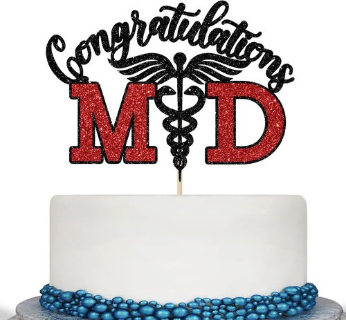Congratulations MD Cake Topper - Black & Red Glitter Graduation Decoration for Medical School Grads