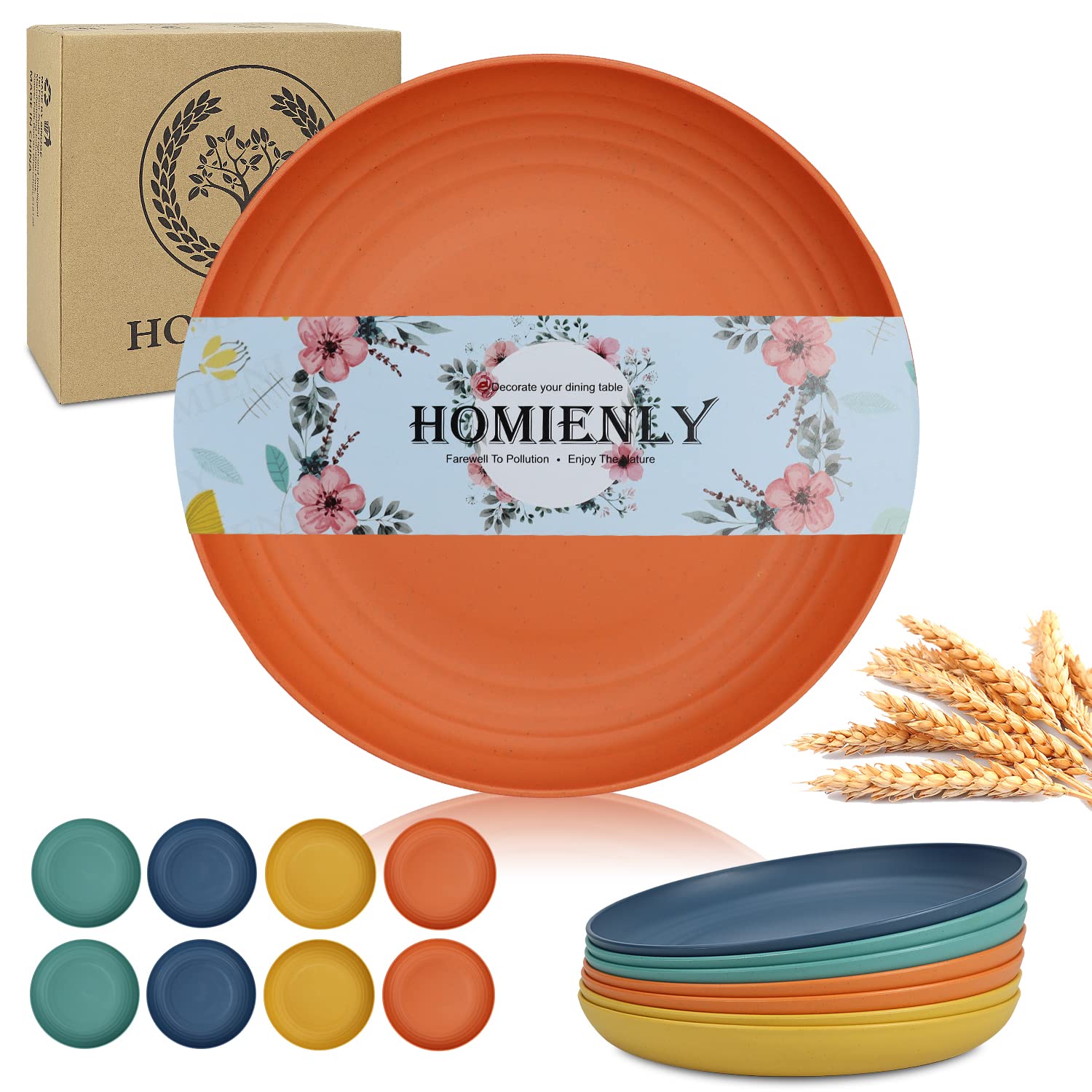 Homienly Wheat Straw Dinner Plates Set of 8 - Alternative to Plastic, Microwave & Dishwasher Safe, Unbreakable Kids Plates with 4 Colors (Colorful, 8 inch)