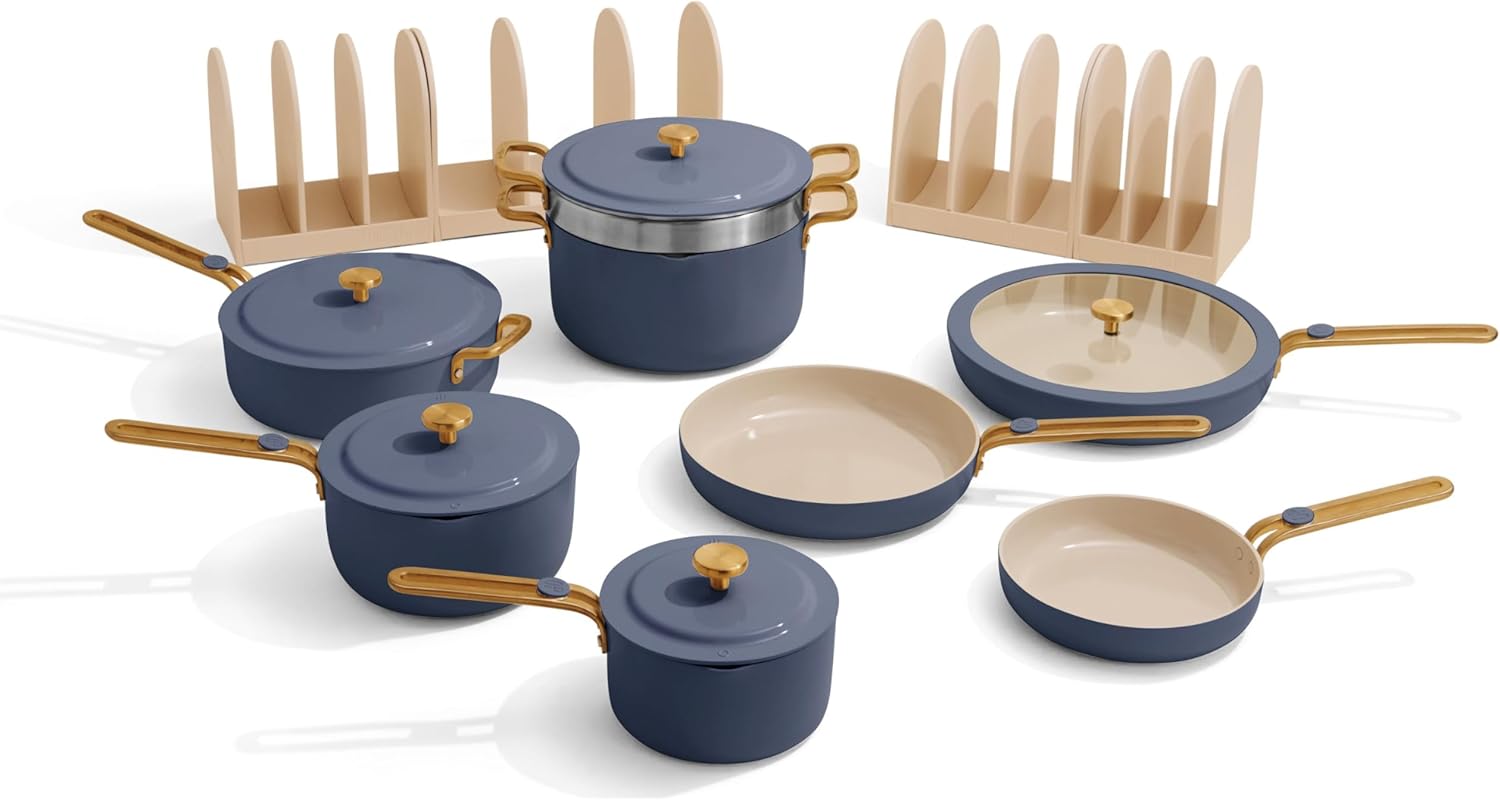 Our Place 17-Piece Complete Cookware Set - Nonstick Ceramic Fry Pans, Saucepans & More | Oven Safe to 450°F | Blue Salt
