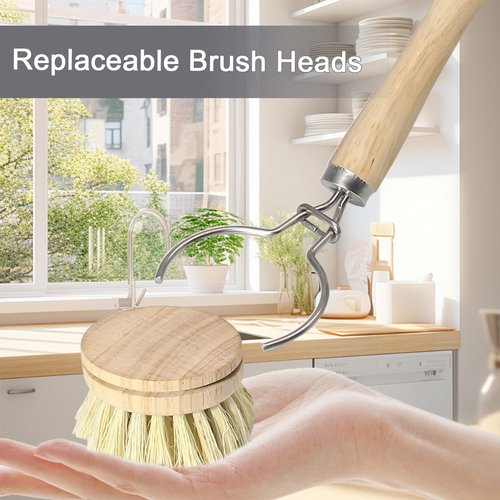 HARSKIYER Wooden Dish Brush Set, 4 Natural Bristle Replacement Heads with 1 Sturdy Wooden Handle, Sisal Kitchen Scrub Brush for Pots, Pans, Vegetables and Cookware