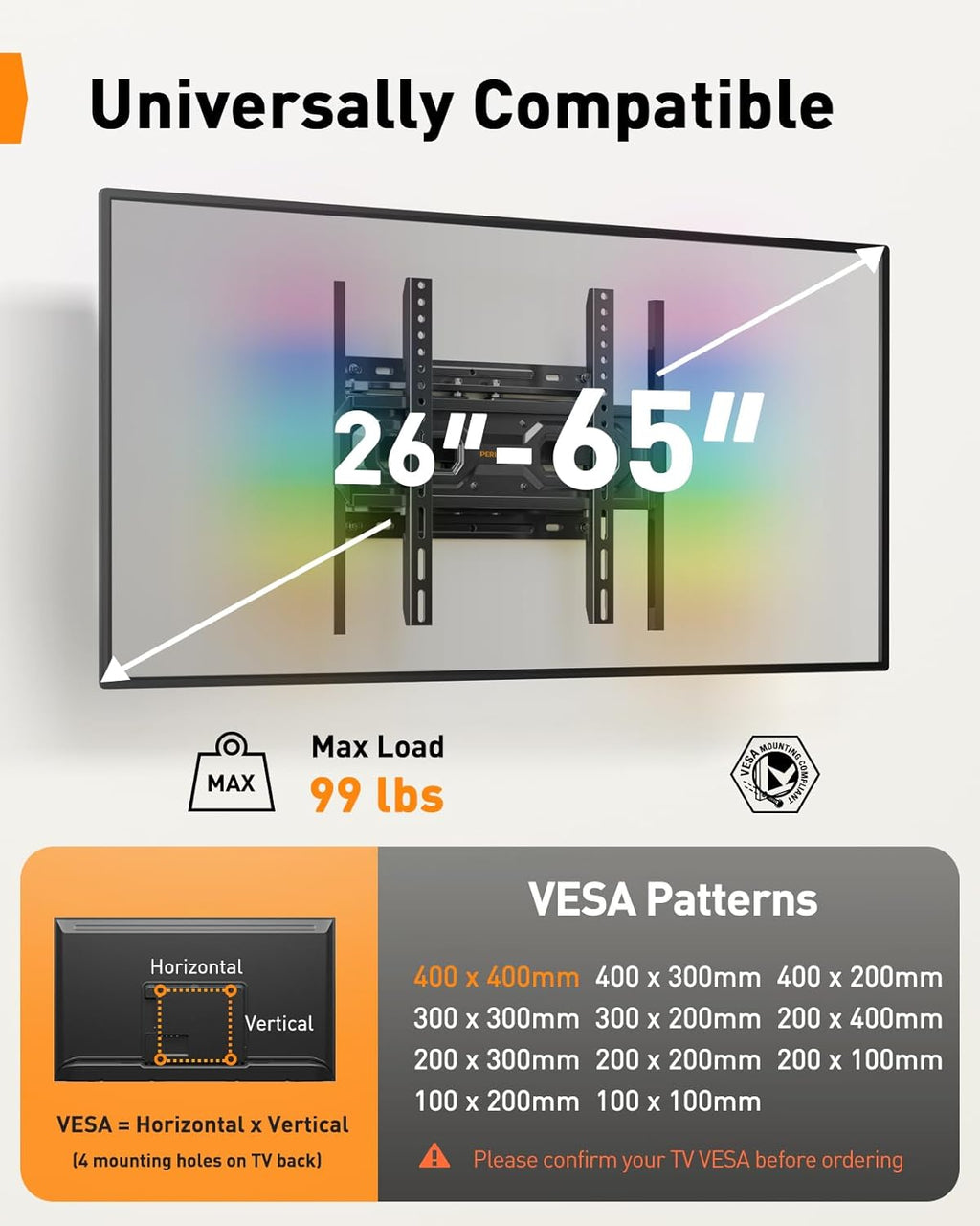 Perlegear AuraFrame™ TV Wall Mount - Pre-Assembled with LED Lights for 26-65 Inch TVs, Swivel & Tilt, Max VESA 400x400mm