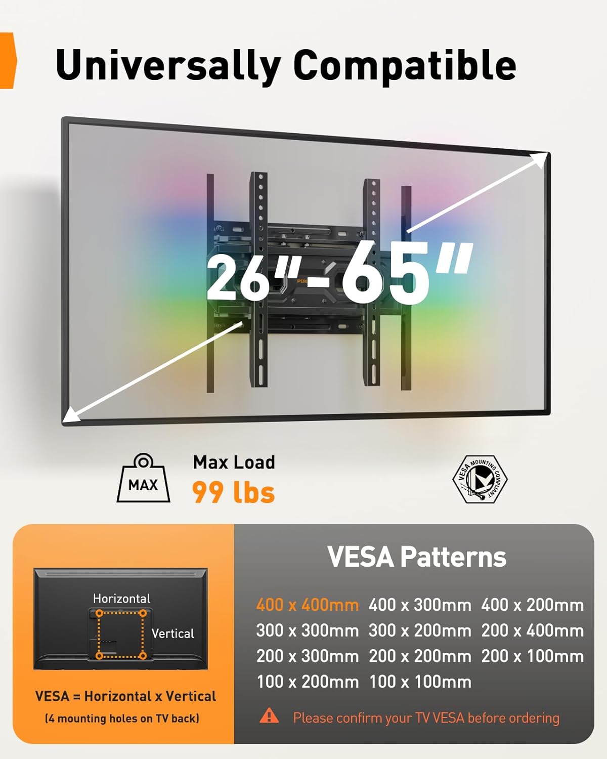 Perlegear AuraFrame™ TV Wall Mount - Pre-Assembled with LED Lights for 26-65 Inch TVs, Swivel & Tilt, Max VESA 400x400mm