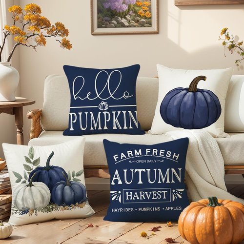 MAZSHTTD Blue Pumpkin Throw Pillow Cover 18x18 Inch Set of 4 Hello Pumpkin Outdoor Indoor Decorative Throw Pillow Cover for Farmhouse Bedroom Sofa Cushion Couch Fall Decor