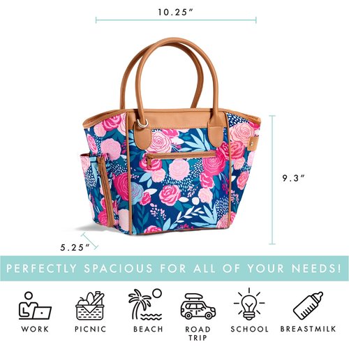 Fit & Fresh Beechwood Large Lunch Bag For Women With Side Pouches & Carry Handles, Complete Lunch Kit Includes Matching Shaker Bottle, Navy Lorella Posey