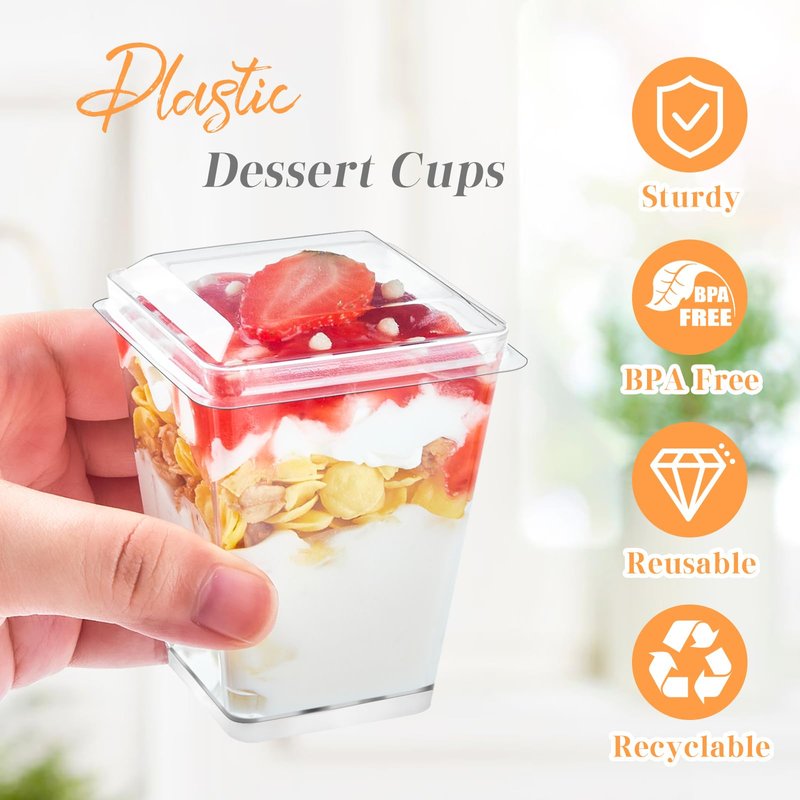 Kucoele 50 Pack 5 oz Plastic Dessert Cups with Lids and Spoons, Clear Parfait Cups Pudding Cups Mini Party Serving Cups for Appetizer Fruit Yogurt Ice Cream