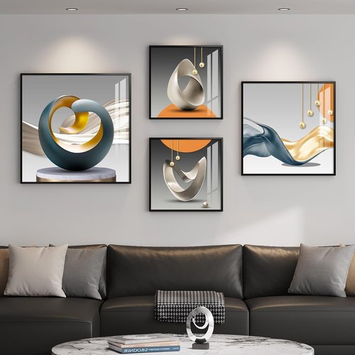 Framed Modern Wall Art Set by [Brand Name] - Abstract Geometric Prints in Orange, Gray & Gold | 4 Pieces for Living Room & Office