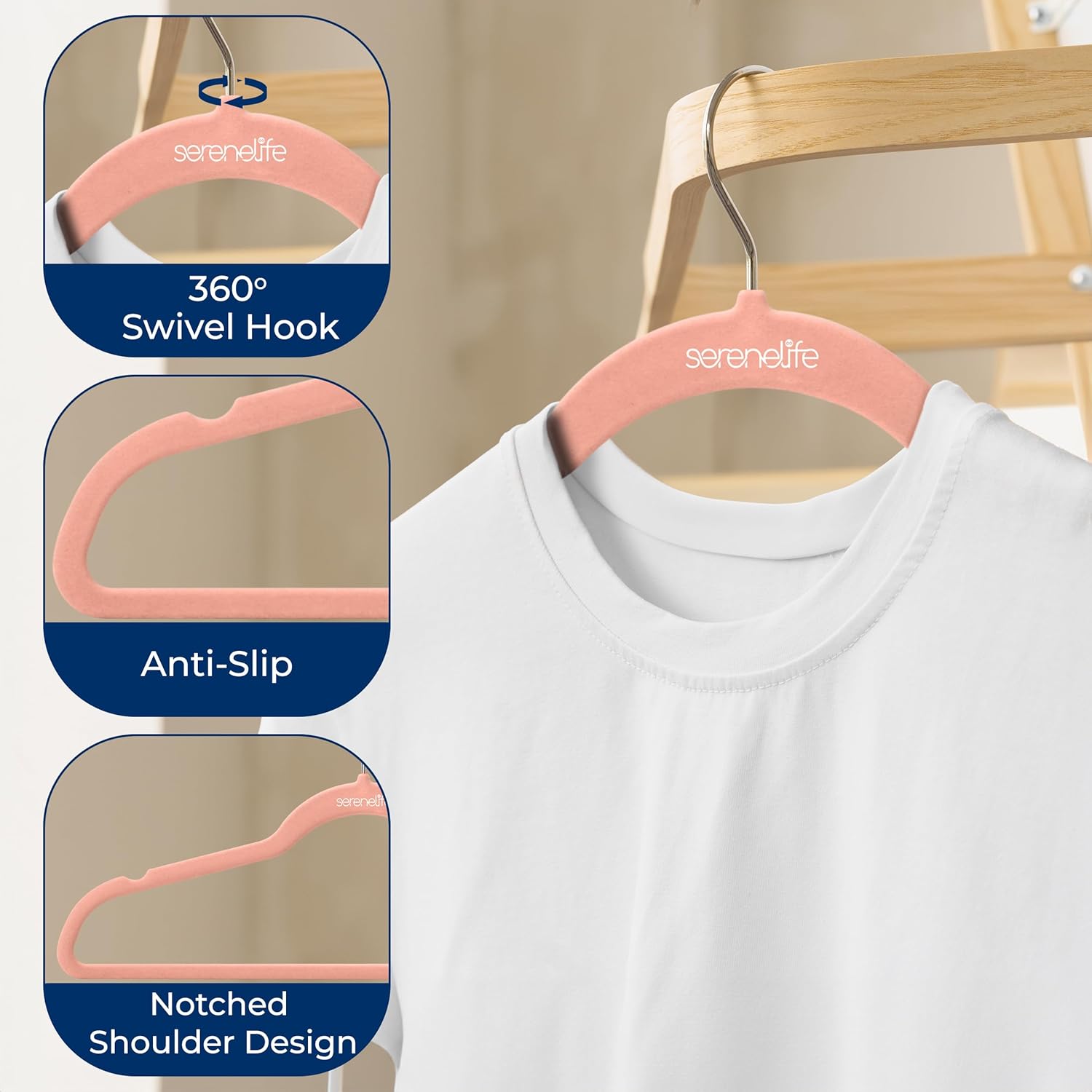 SereneLife Velvet Hangers - Non-Slip Felt Design with 360° Swivel Hook | Ultra-Thin & Space-Saving for Shirts, Sweaters & Dresses